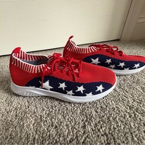 Red Kids Sneakers with Navy Star Knit Detail